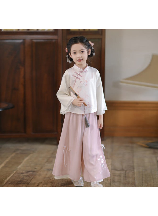 Flag Platinum Qibohanfu Girls' Spring And Autumn New Chinese-style Tang Suit, Children's Ancient-style Ethereal Long-sleeve Set, Floral Rain Pink, 130 - Image 2