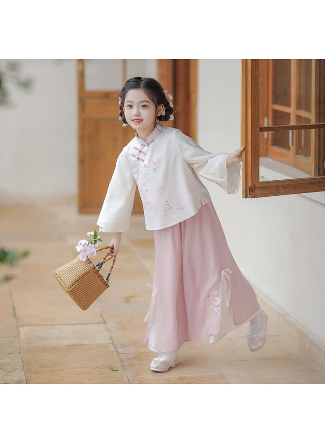 Flag Platinum Qibohanfu Girls' Spring And Autumn New Chinese-style Tang Suit, Children's Ancient-style Ethereal Long-sleeve Set, Floral Rain Pink, 130 - Image 5