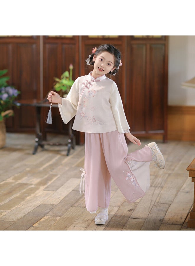 Flag Platinum Qibohanfu Girls' Spring And Autumn New Chinese-style Tang Suit, Children's Ancient-style Ethereal Long-sleeve Set, Floral Rain Pink, 130 - Image 4