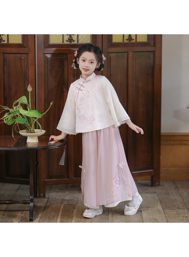 Flag Platinum Qibohanfu Girls' Spring And Autumn New Chinese-style Tang Suit, Children's Ancient-style Ethereal Long-sleeve Set, Floral Rain Pink, 130 - Image 1