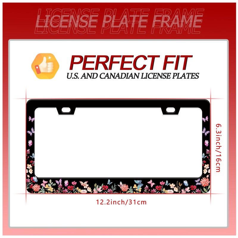 UNINDREM Butterfly Flower License Plate Frame Forest Flower Stainless Steel License Plate Frame Auto Parts Decoration with Screws License Plate Holder for Men Women 12x6 Inch - Image 2