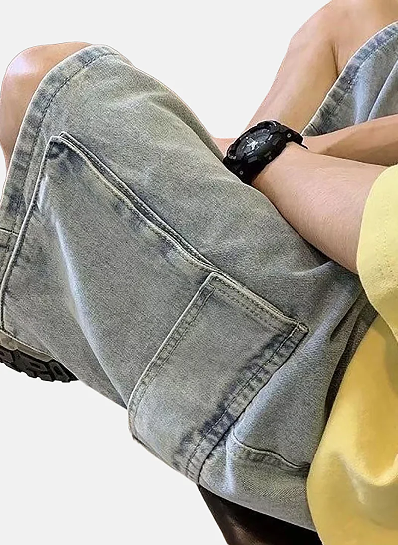 يونيكي Blue Mid Rise Soild Relaxed Fit Shorts