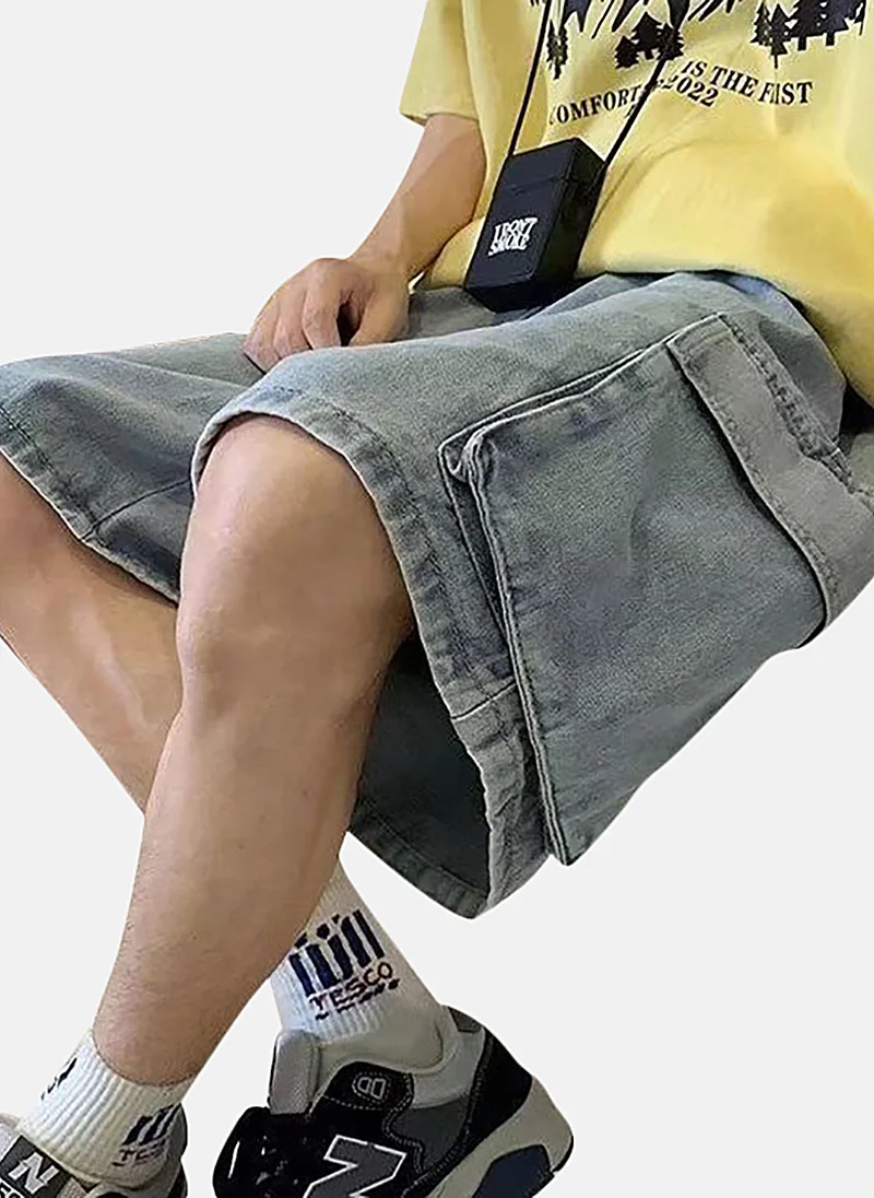 يونيكي Blue Mid Rise Soild Relaxed Fit Shorts