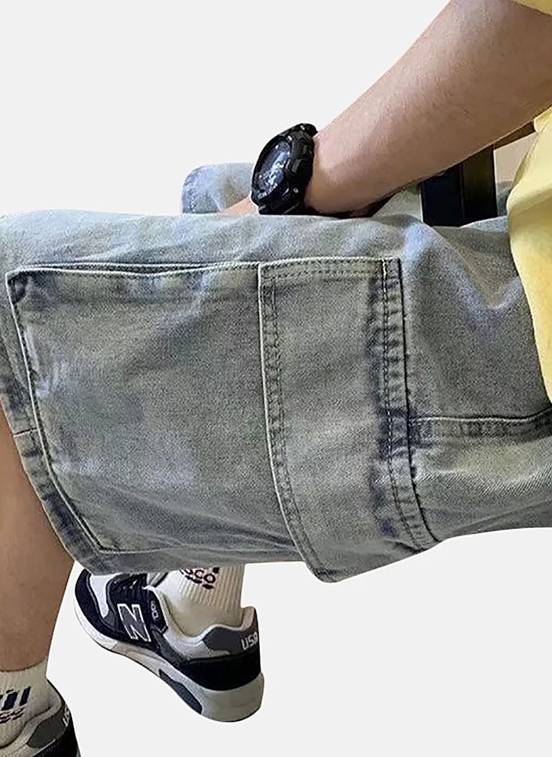 يونيكي Blue Mid Rise Soild Relaxed Fit Shorts