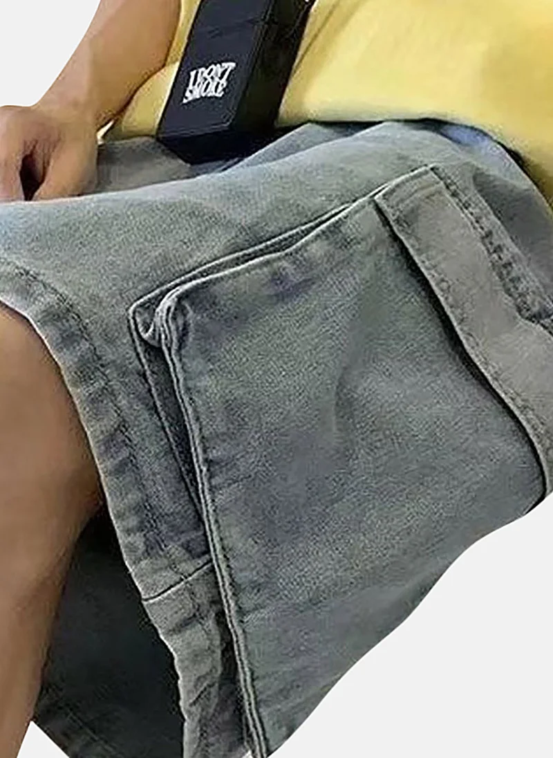 يونيكي Blue Mid Rise Soild Relaxed Fit Shorts