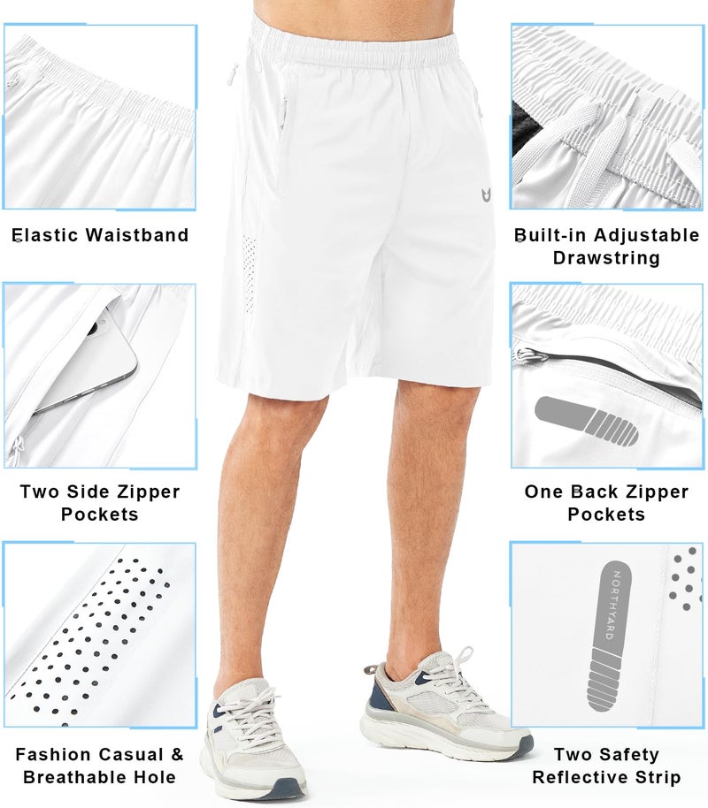 NORTHYARD Men's Athletic Running Shorts Gym Workout Shorts 7"/ 9"/ 5" Quick Dry Lightweight Sports Basketball Exercise Tennis Exercise WHITE-9inch L - Image 3