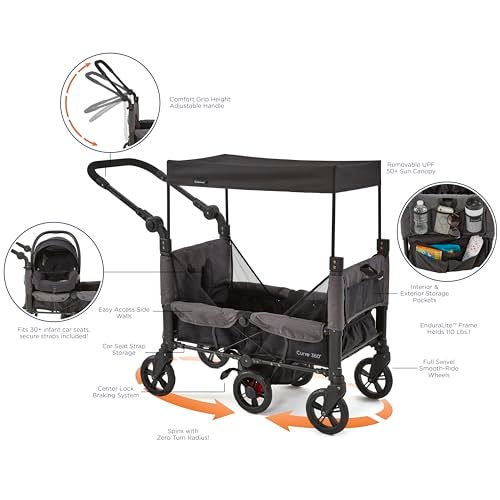 Contours Curve 360 Lightweight Double Baby Stroller Wagon for 2 Kids, Fits Infant Car Seats, Ultra Maneuverable, Easy in and Out for Toddlers with Deep Footwell, Storage Pockets and Adjustable Handle - Image 3