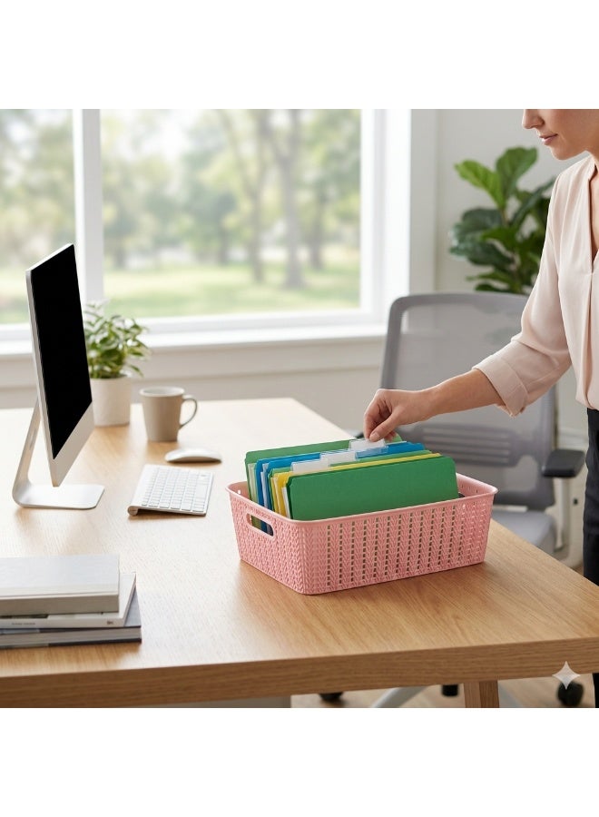 Hope Woven Style Plastic Storage Basket, Stackable Organizing Bin, Medium Size in Pink for Kitchen, Office and Bathroom Storage, Practical Home Organizer for Keeping Everyday Items Neatly Arranged - Image 1