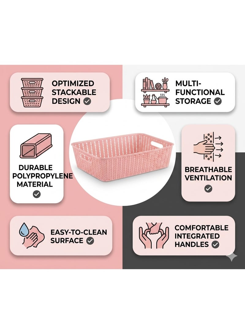 Hope Woven Style Plastic Storage Basket, Stackable Organizing Bin, Medium Size in Pink for Kitchen, Office and Bathroom Storage, Practical Home Organizer for Keeping Everyday Items Neatly Arranged - Image 5