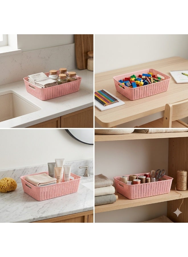 Hope Woven Style Plastic Storage Basket, Stackable Organizing Bin, Medium Size in Pink for Kitchen, Office and Bathroom Storage, Practical Home Organizer for Keeping Everyday Items Neatly Arranged - Image 4