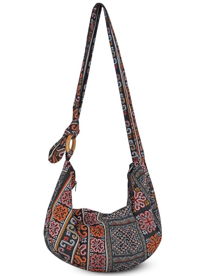 Your Cozy Hobo Crossbody Bag for Women - Handmade Cotton Boho Purse with Wooden Ring | Lightweight Slouchy Shoulder Sling Tote Bag (Tribe_Black) - Image 2