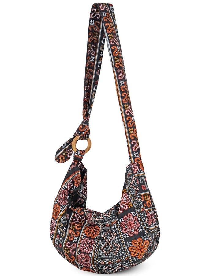Your Cozy Hobo Crossbody Bag for Women - Handmade Cotton Boho Purse with Wooden Ring | Lightweight Slouchy Shoulder Sling Tote Bag (Tribe_Black) - Image 1