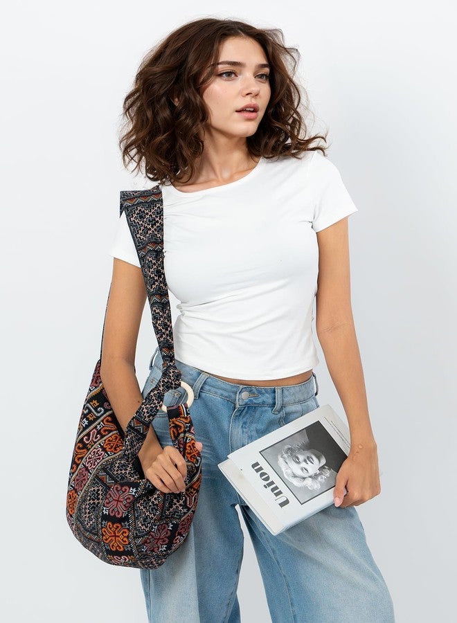 Your Cozy Hobo Crossbody Bag for Women - Handmade Cotton Boho Purse with Wooden Ring | Lightweight Slouchy Shoulder Sling Tote Bag (Tribe_Black) - Image 4
