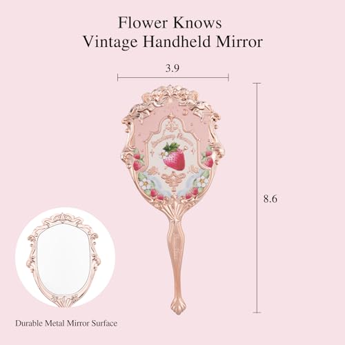 Flower Knows Strawberry Rococo Hand Mirror,Vintage Portable Handheld Mirror,Fancy & Pretty Princess Mirror with Long Handle,Gift for Girls(Soft Pink) - Image 2