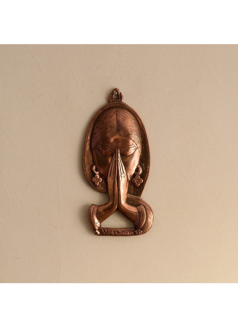 BattlePoint BattlePoint Metal Welcome Namaste Lady Face Wall Hanging Face Statue for Home Entrance Gate Multicolor Decorative Showpieces Metal Wall Lady Face Creative Design Welcome Home Wall Hanging Art Coper  - Image 1