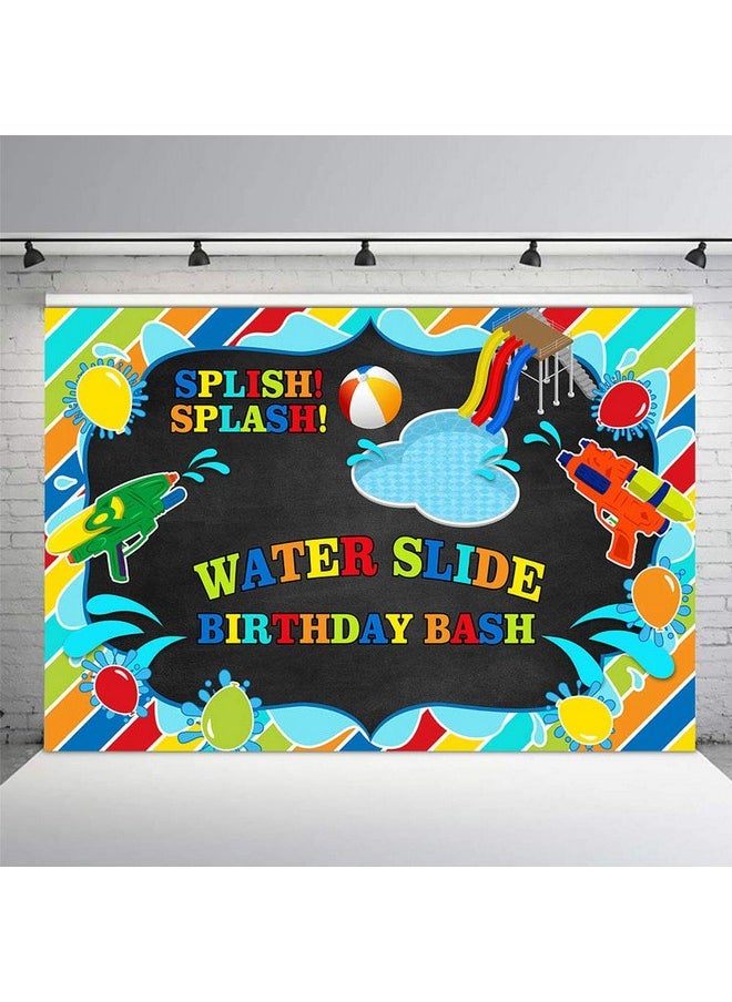 MEHOFOND Boy Water Slide Birthday Bash Backdrop Splish Splash Chalkboard Party Summer Swimming Pool Balls Water Gun Background Photography Photo Booth Banner For Cake Table Supplies 7X5Ft  - Image 4