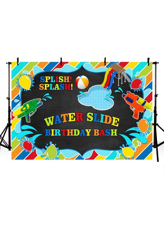 MEHOFOND Boy Water Slide Birthday Bash Backdrop Splish Splash Chalkboard Party Summer Swimming Pool Balls Water Gun Background Photography Photo Booth Banner For Cake Table Supplies 7X5Ft  - Image 1