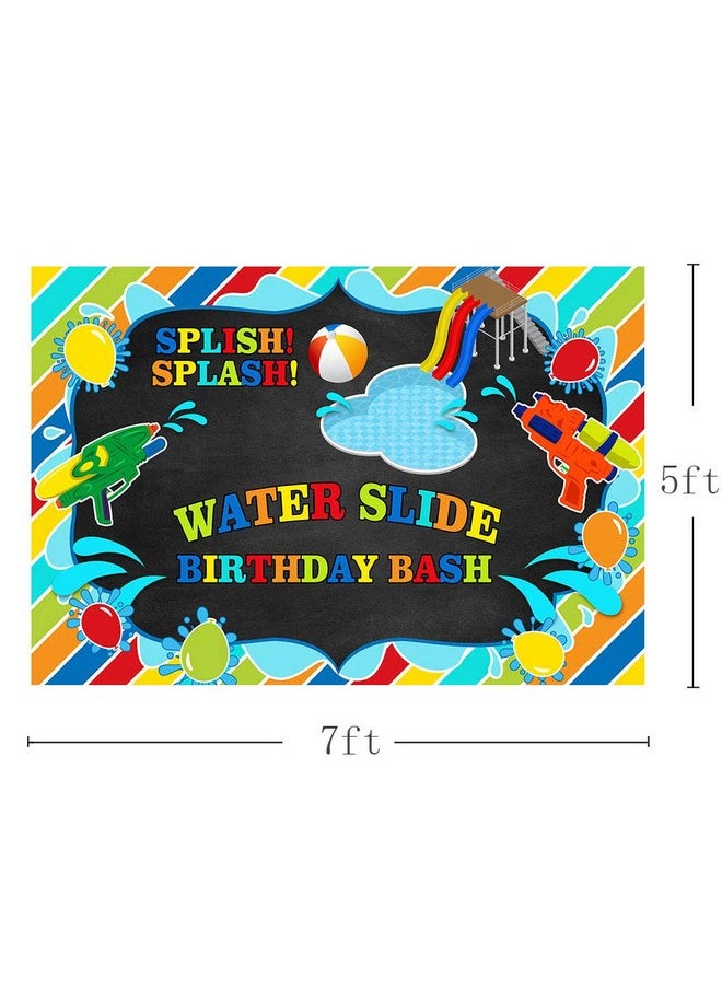 MEHOFOND Boy Water Slide Birthday Bash Backdrop Splish Splash Chalkboard Party Summer Swimming Pool Balls Water Gun Background Photography Photo Booth Banner For Cake Table Supplies 7X5Ft  - Image 5