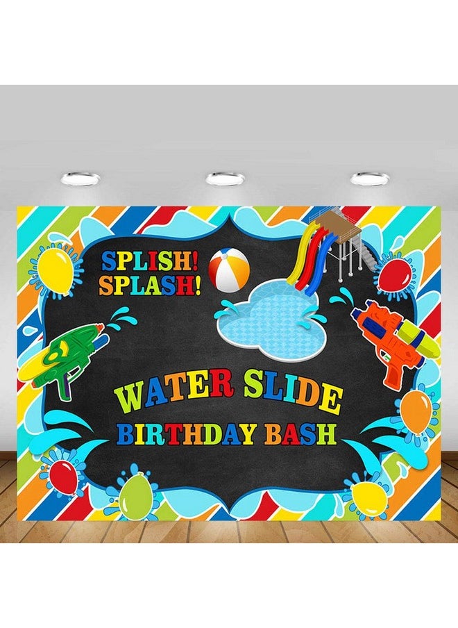 MEHOFOND Boy Water Slide Birthday Bash Backdrop Splish Splash Chalkboard Party Summer Swimming Pool Balls Water Gun Background Photography Photo Booth Banner For Cake Table Supplies 7X5Ft  - Image 3