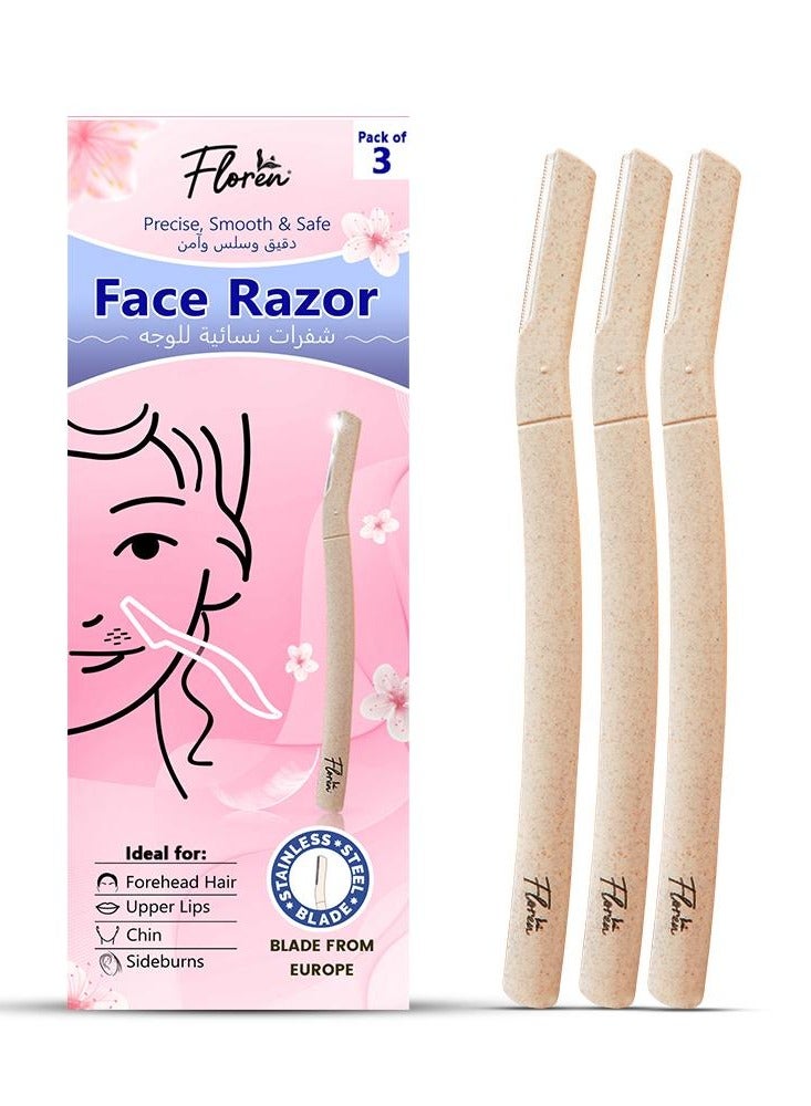 Floren Face Razor For Women For Smooth & Effortless Facial Hair Removal Suitable For Peach Fuzz,Chin,Upper Lips,Eyebrows Pack Of 3 - Image 1