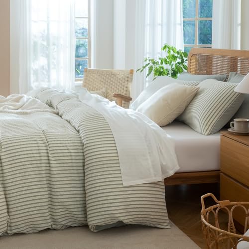 TISPLR Striped Duvet Cover Queen Washed Microfiber Jacquard 3 Pieces Bedding Set, White Grayish Green Vertical Ticking Stripes Pattern Comforter Cover with Zipper Closure Breathable Durable Soft Comfy - Image 5