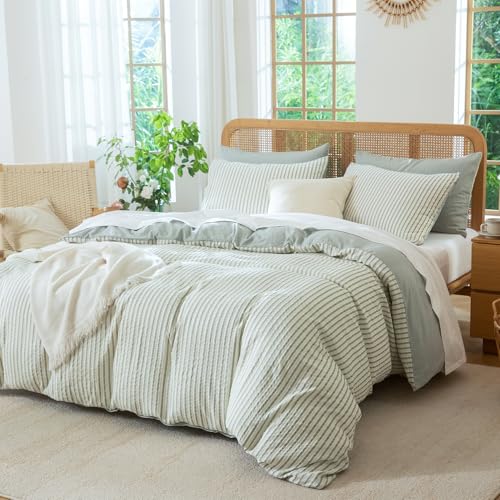 TISPLR Striped Duvet Cover Queen Washed Microfiber Jacquard 3 Pieces Bedding Set, White Grayish Green Vertical Ticking Stripes Pattern Comforter Cover with Zipper Closure Breathable Durable Soft Comfy - Image 4