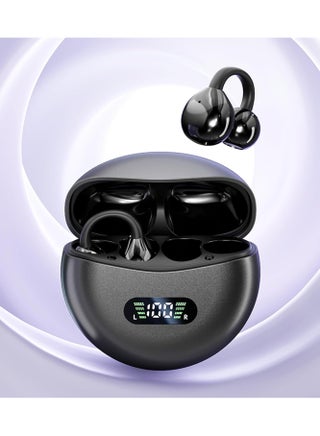 Open-back clip-on earphones, wireless Bluetooth sports earphones, wireless charging case with LED battery indicator, waterproof fitness earphones, running earphones (black). - view 2