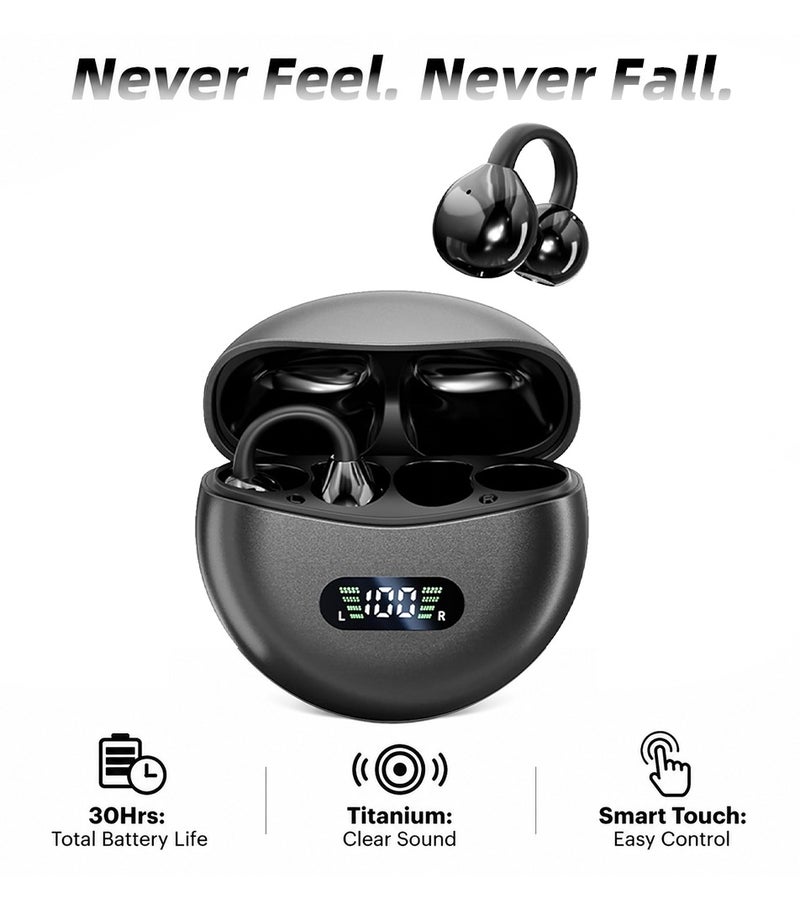 caijin Open Ear Clip-On Bluetooth Earbuds, Wireless Sports Headphones with LED Display Charging Case, 6.0 Bluetooth, Waterproof Running Earphones for Gym & Workout - Black - Image 1