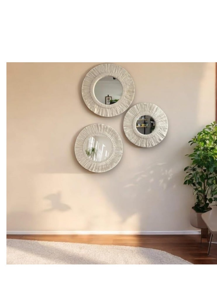 Handmade Wall Hanging Macrame Mirrors Set of 3 Boho Mirrors with 3 Sizes for Home Room Decor - Off White - Image 1