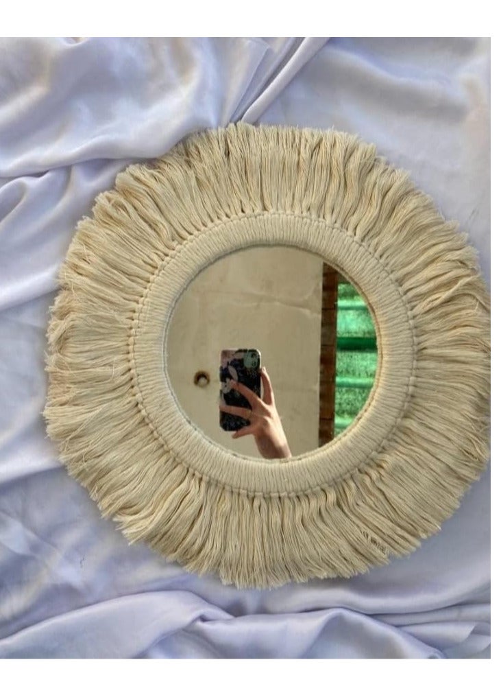 Handmade Wall Hanging Macrame Mirrors Set of 3 Boho Mirrors with 3 Sizes for Home Room Decor - Off White - Image 2