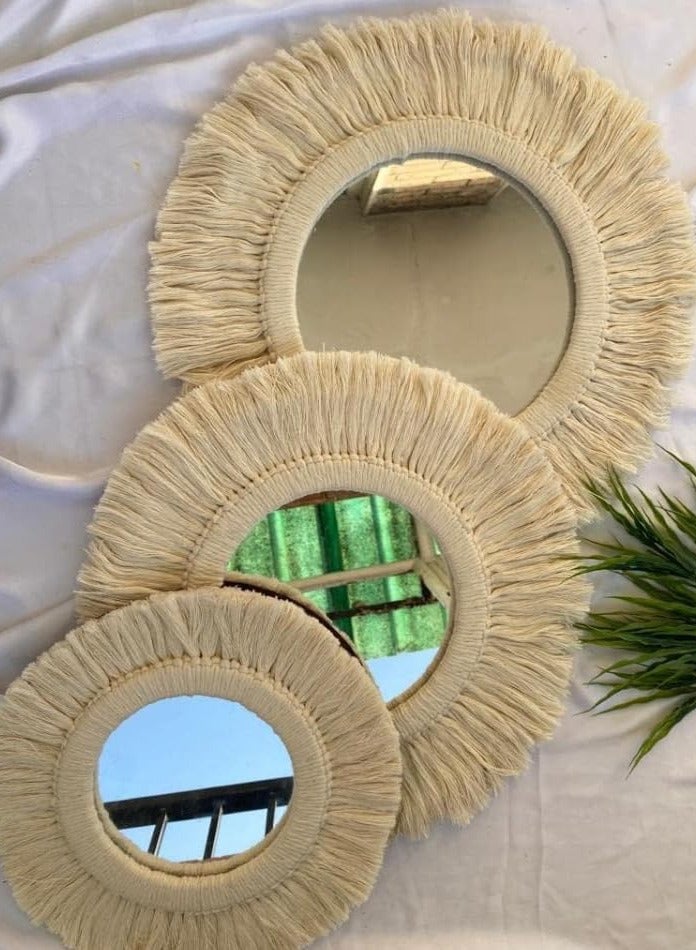 Handmade Wall Hanging Macrame Mirrors Set of 3 Boho Mirrors with 3 Sizes for Home Room Decor - Off White - Image 4