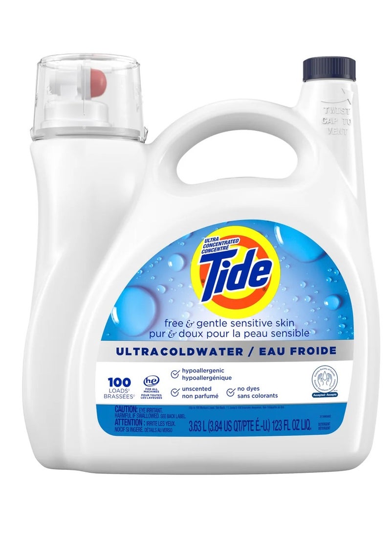 Tide Free & Gentle Liquid Laundry Detergent, ultra coldwater, 100 Loads, 3.63 L , Tide Laundry Detergent, Clean Laundry Detergent, Free of Dyes and Perfumes, Hypoallergenic Formula Gentle On Sensitive Skin - Image 1