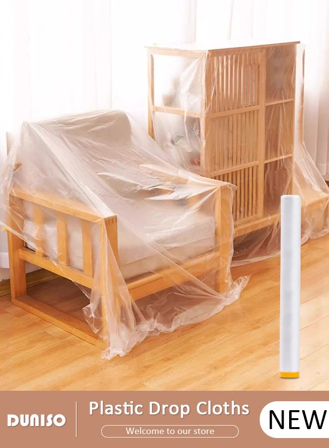 DUNISO 2.7M x 20M Tape and Drape,Environmental  Plastic Drop Cloth Plastic Sheeting with Masking Tape,Waterproof Dust-Proof Protective Masking Film,Prevent Dust Paint Cover for Car,Furniture,Carpet,Floor,Bed - Image 1