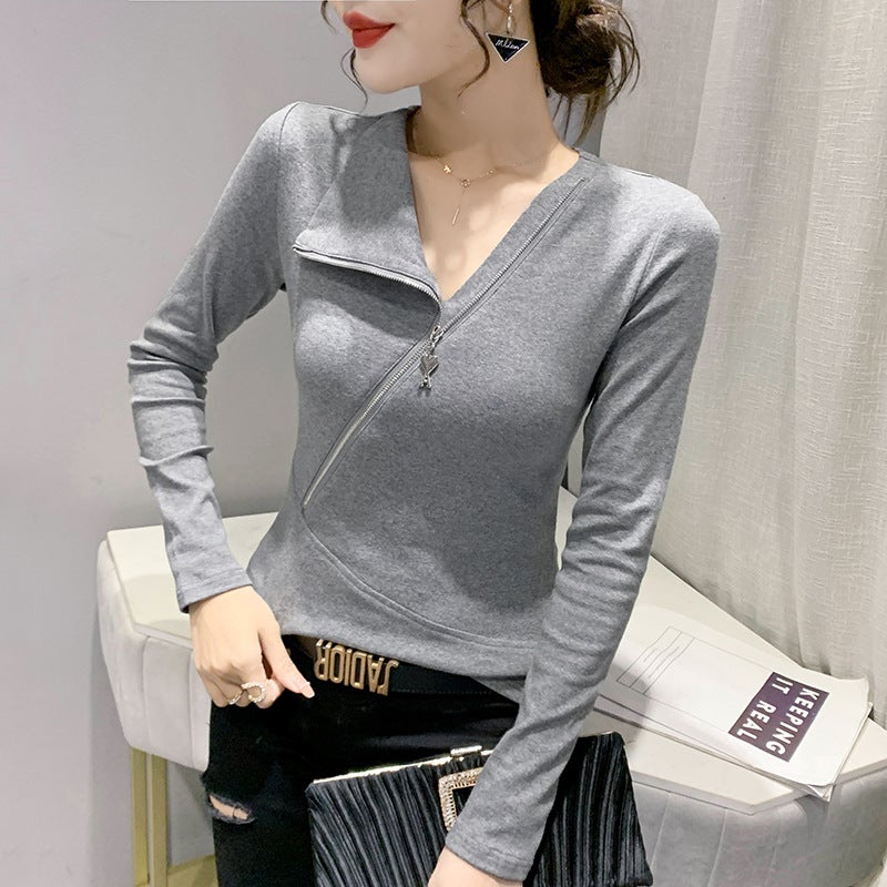 European Station Long-sleeved Two-wear T-shirt Women's 2021 Autumn and Winter New All-match Slim-fit Half-zipper Women's Base Shirt Asymmetric - Image 3