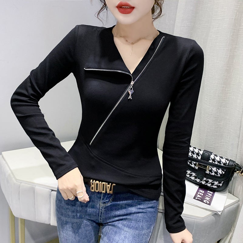 European Station Long-sleeved Two-wear T-shirt Women's 2021 Autumn and Winter New All-match Slim-fit Half-zipper Women's Base Shirt Asymmetric - Image 1