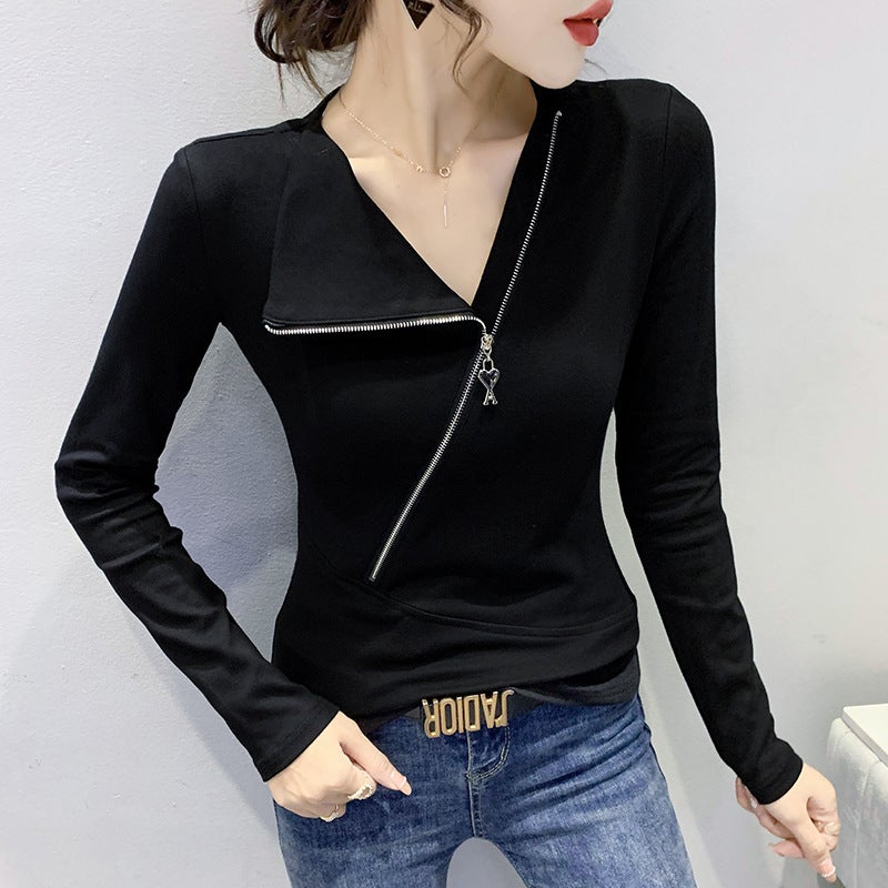 European Station Long-sleeved Two-wear T-shirt Women's 2021 Autumn and Winter New All-match Slim-fit Half-zipper Women's Base Shirt Asymmetric - Image 5