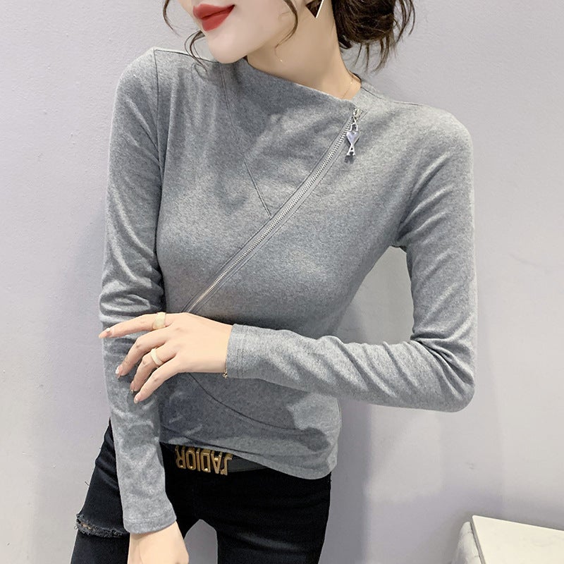 European Station Long-sleeved Two-wear T-shirt Women's 2021 Autumn and Winter New All-match Slim-fit Half-zipper Women's Base Shirt Asymmetric - Image 4