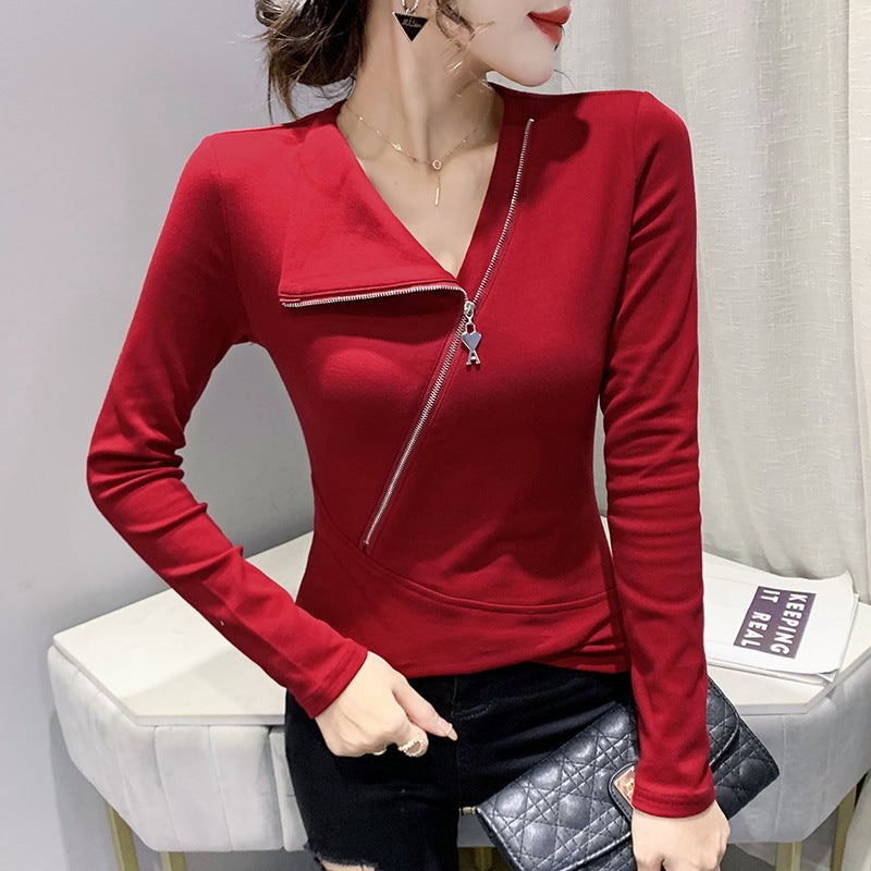 European Station Long-sleeved Two-wear T-shirt Women's 2021 Autumn and Winter New All-match Slim-fit Half-zipper Women's Base Shirt Asymmetric - Image 2