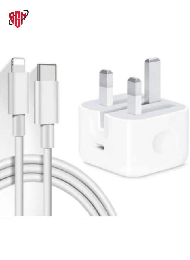 BGM - 20-W Apple Charger Uk Plug Type C Adapter With 1m Iphone Fast Charging Cable Universal Travel Adapter Usb-c Plug Compatible For All Iphone Device 14/13/12/11 Pro And Pro Max / 8 Plus/X Max/Etc - Image 1