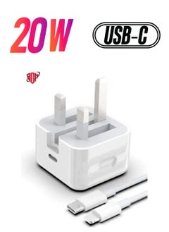 20-W Apple Charger Uk Plug Type C Adapter With 1m Iphone Fast Charging Cable Universal Travel Adapter Usb-c Plug Compatible For All Iphone Device 14/13/12/11 Pro And Pro Max / 8 Plus/X Max/Etc