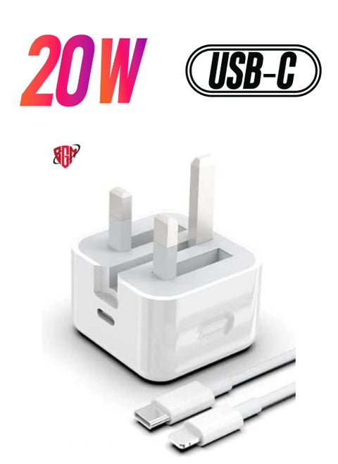20-W Apple Charger Uk Plug Type C Adapter With 1m Iphone Fast Charging Cable Universal Travel Adapter Usb-c Plug Compatible For All Iphone Device 14/13/12/11 Pro And Pro Max / 8 Plus/X Max/Etc