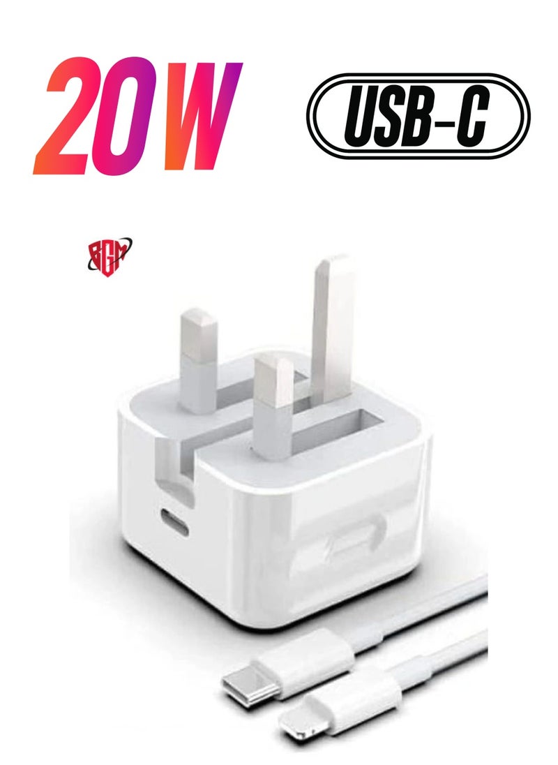 BGM - 20-W Apple Charger Uk Plug Type C Adapter With 1m Iphone Fast Charging Cable Universal Travel Adapter Usb-c Plug Compatible For All Iphone Device 14/13/12/11 Pro And Pro Max / 8 Plus/X Max/Etc - Image 1