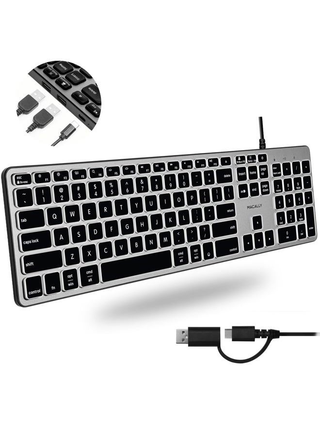 MACALLY Wired Keyboard for Mac with USB Hub (2X USB-A / 1x USB-C) - Compatible Backlit Apple Keyboard with Dual Interface - Auto OS Detection for Mac, MacBook Pro/Air, iMac, PC, Android, iPad, iOS - Image 1