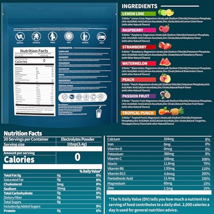 OZENKE Electrolytes Powder Packets, Hydration Packets, Electrolytes Powder No Sugar, Portable Electrolyte Drink Mix for Rapid Hydration, Sugar Free & Low Sodium | 0 Calorie | 7 Flavors | 20 Sticks - Image 2