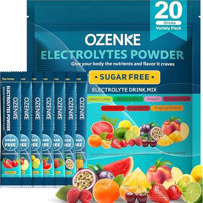 OZENKE Electrolytes Powder Packets, Hydration Packets, Electrolytes Powder No Sugar, Portable Electrolyte Drink Mix for Rapid Hydration, Sugar Free & Low Sodium | 0 Calorie | 7 Flavors | 20 Sticks - Image 1