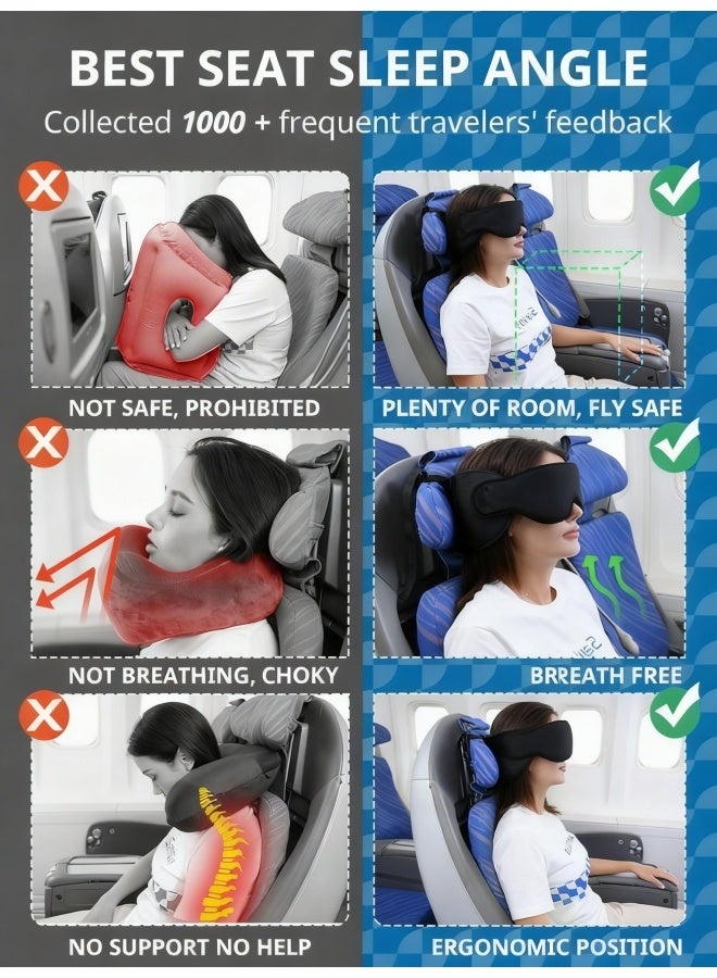 وسائد السفر للطائرات، وسادة الطائرة للرحلة الطويلة، حزام رأس الطائرة مع قناع العين للنوم، وسادة عنق السفر لرحلة طريق السيارة، 360° دعم الرأس، وقف رأس الحربة، الأسود - Image 3