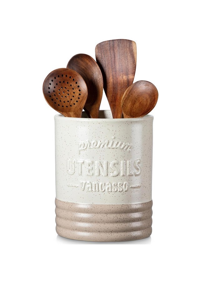 vancasso vancasso Sabine Utensil Holder, 7.2" Large Utensil Crock for Kitchen Counter, Ceramic Utensil Crock Storage, Matte Cream-Colored Farmhouse Utensil Organizer, Utensil Storage for Home Décor, Gifts  - Image 1