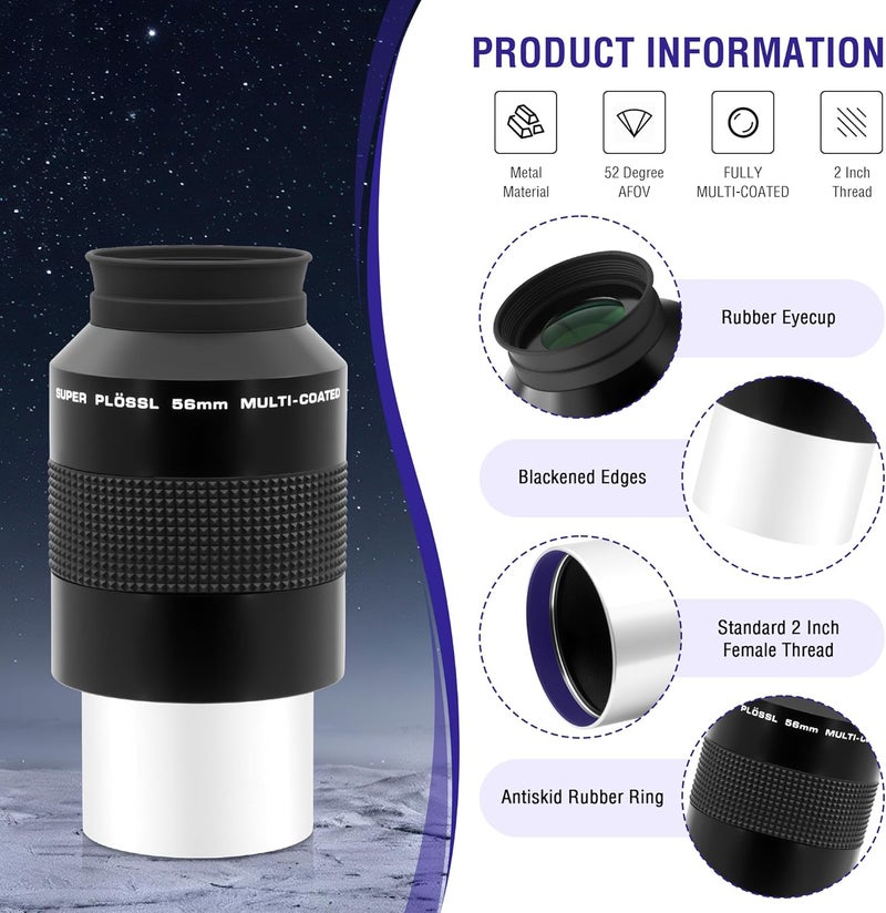 Astromania Super Plossl Eyepiece 2 Inch - Telescope Eyepiece 56mm Fully Multi-Coated Optics 52 Degree Wide Field 4-Element Design, High Eye Relief for Astronomy Telescope Included 2 Inch Filter Thread - Image 5
