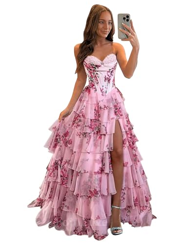 FoinLuve Ruffle Prom Dress Corset Tiered 2025 Strapless Long Chiffon Formal Evening Gown with Slit Floral Pink 02 - Image 1
