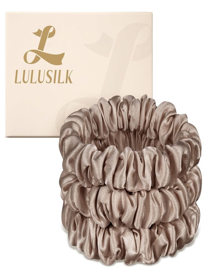LULUSILK Small Silk Hair Ties No Damage, 100% Real Mulberry Silk, Skinny Scrunchies Ponytail Holders for Thin Fine Hair, Brown, Pack of 3 - Image 1